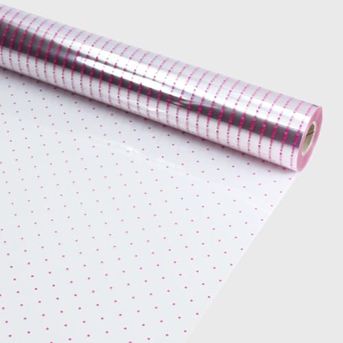 70 CM X 50 M Rollo de Papel Celofán Transparente de Lunares Rosas para Envolver Regalos, Cestas y Decoración de Flores,Polipropileno Transparente con Grosor 35 micras (Rosa)