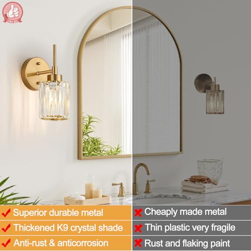 Image of Modern Crystal Bathroom Vanity Light, 2-Pack Brushed Gold Vanity Light with Clear Crystal Shades, Bathroom Light Fixtures Over Mirror (Bulbs Not Included)
