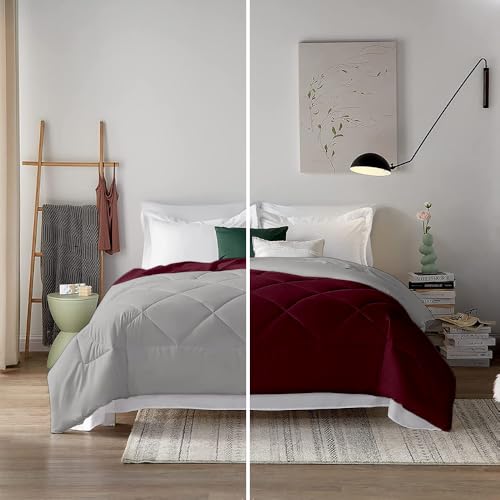 Image of Filbert 600 GSM Comforter for King Size | Super Warm Winter Quilt /Rajai | Thick Microfiber Blanket with Cloud-Soft Fill | Luxury Bedding for Winters - 92x106 Inch | Wine /Silver