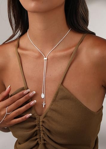 Image of CHESKY Long Necklaces for Women, 14k Gold Plated /Streling Silver Lariat Necklace Dainty Statement Prom Necklace Rosary Cross Sun Drop Pendant Dangle Necklace Gold Prom Jewelry for Women Gifts