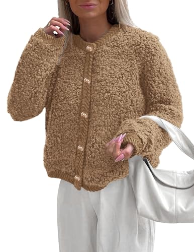 PRETTYGARDEN Women's Faux Fur Coat 2026 Fall Fuzzy Fleece Button up Shearling Cropped Jackets Winter Trendy Outerwear (Khaki,Medium)