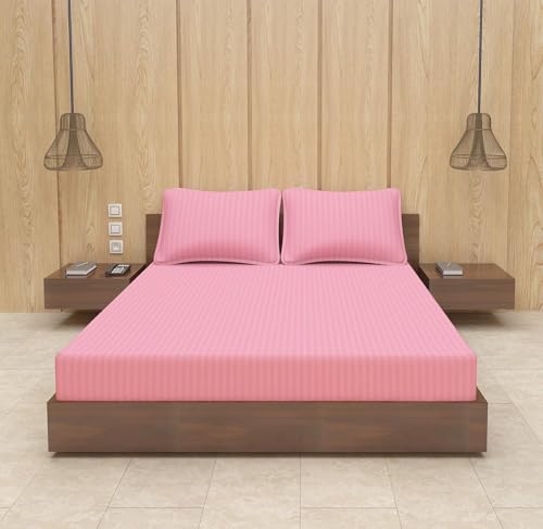 Image of BEVI - Home Premium Self Striped Double King Bedsheet Without Pillow Cover 300 TC Ultra-Soft 300 TC Microfiber Bed Sheet| Size (90 inch x 100 inch) Pink