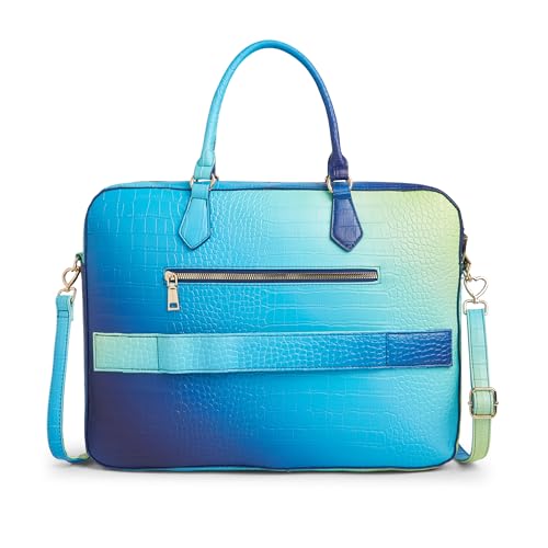 Image of Caprese Marilyn Large 15 Inch Laptop Bag for Women | Croc Pattern Business Handbag with Flower Charm | Adjustable & Detachable Strap for Office Use (Blue-Green Ombre)