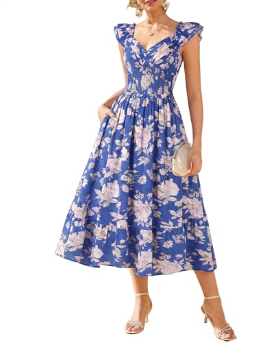 Image of GRACE KARIN Women's Summer Floral Maxi Dress 2026 Ruffle Sleeve Smocked Sundress Flowy Wedding Guest Long Dresses with Pocket