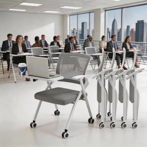 Image of 8 Pcs Folding Training Chairs with Desk Attached, Office Meeting Chair with Writing Tablet & Cup Holder, Space-Saving Nesting Stackable Chairs with wheel for Conference Room,Seminar, Classroom Chair