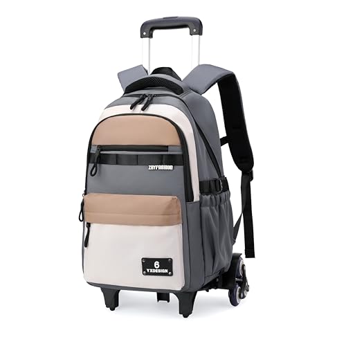 ZHANAO Mochila com rodinhas para meninos com bloqueio de cor para estudantes do ensino médio, mochila de livros para meninos do ensino fundamental, Cinza + marrom - 6 rodas, 6 Wheels, Moderno