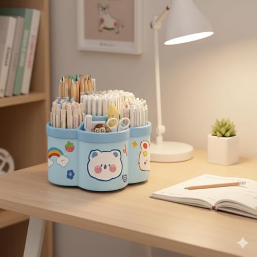 Image of Sumiko Sumiko 360 Degree Rotating Pen Holder Desk School Study Stationery Gift for Students Organiser with Pen and Pencil Holders Pen and Pencil Stationary Storage Plastic Storage Box (BLUE)
