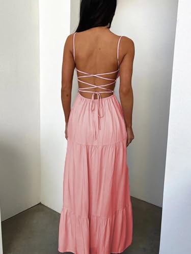 Image of Womens Y2k Long Dress Spaghetti Strap Low Cut Dress Casual Backless Flowy Maxi Dress Clubwear
