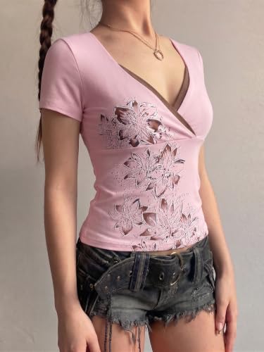 Image of EMMIOL Y2K Fairy Grunge Short Sleeve Shirts for Women Vintage Floral Graphic V Neck Cute Going Out Tops Emo Summer Tee
