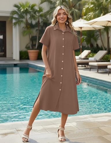 Image of HOTOUCH Womens Dress Summer Casual Midi Short Sleeve Button Down Shirt Dresses Loose Beach Cover Up with Pockets