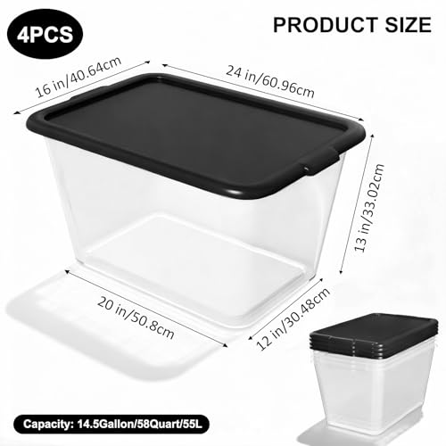 Image of SIMPLYKLEEN Storage Totes with Lids - Made in USA 14.5-Gallon (58-Quart) 4-Pack Clear Plastic Storage Bins with Black Lids Storage Containers Large Storage Boxes Organizer for Home, Office, and Garage