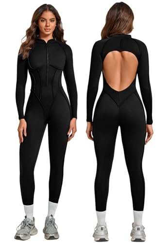 ABOCIW Womens Zipper Long Sleeve Workout Jumpsuit Contouring Seams Backless One Piece Bodysuit Yoga Rompers Full Length Catsuit Black 8-10