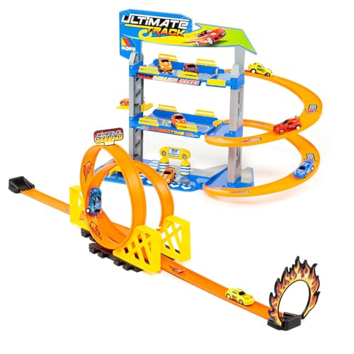 MOLTO - Jouet de garage pour enfants - Garage de voiture - Parking - Train de looping - Multilooping - Avec 3 niveaux de jeu et trajectoire multi-looping séparée - Avec 2 voitures de traction