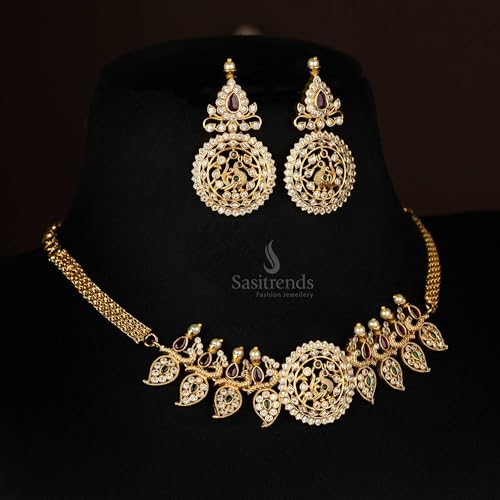 Image of Sasitrends Temple Wear Gold Plated AD Studded Choker Necklace With Earring Jewellery Set For Women & Girls