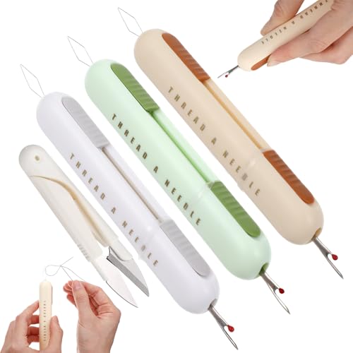 3Pcs Automatic Needle Threaders Seam Ripper 2 in 1 Needle Threader Seam Ripper Tool Stretchable Quick Seam Rippers with Needle Storage Dual Function for Sewing Embroidery Crafting (Yellow/Green/Gray)