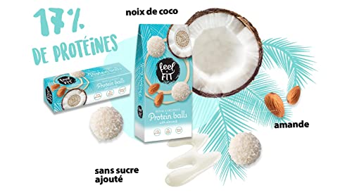 Feel FIT Zuckerfreie Kokos-Pralinen mit Mandeln á 27 g, Zuckerfreie Snack, Protein Balls mit Kokosraspeln