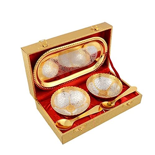 AC ANAND CRAFTS Jaipur Ace Serve Your Guest with Silver and Gold Plated Royal Bowls Set in Golden Box (2 Bowls, 2 Spoons, 1 Tray)