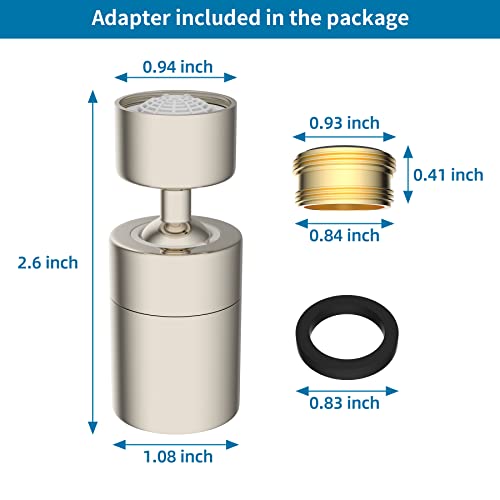 Hibbent Faucet Aerator, All Metal Kitchen Sink Faucet Aerator, 2 Water Flow Modes 360-Degree Swivel Faucet Extender, 1.8 Gpm 55/64 Inch-27Uns Female Thread, Splash-Proof, Water Saving-Brushed Nickel #TOP6