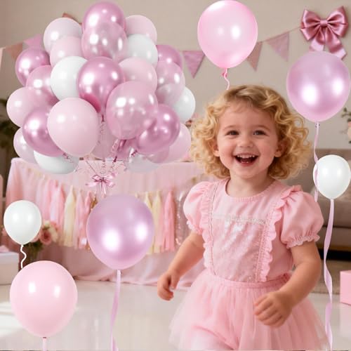Image of Pink Balloons Set, 12 Inch Metallic Light Baby Pink and White Balloon, Pearlpink Ivory Latex Balloons for Girls Women Birthday Baby Shower Wedding Valentine Bachelorette Easter Christmas Party Decor
