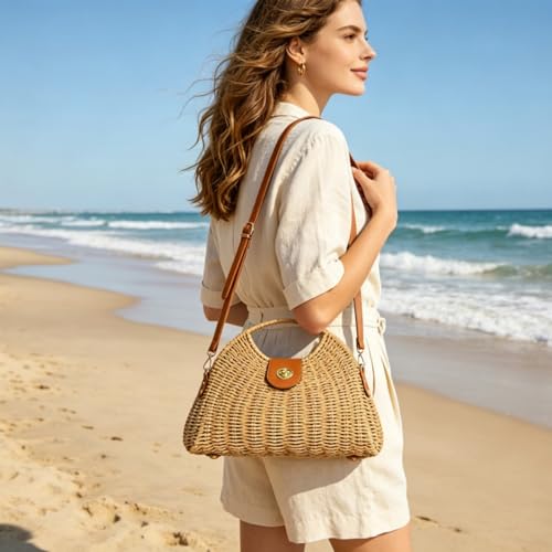 Image of ZAVOOS Straw Crossbody Bag for Women, Handwoven Rattan Beach Straw Purse with Handle, Detachable Strap, Fashionable Dumpling Bag Shoulder Handbag Clutch Purse for Travel, Holiday