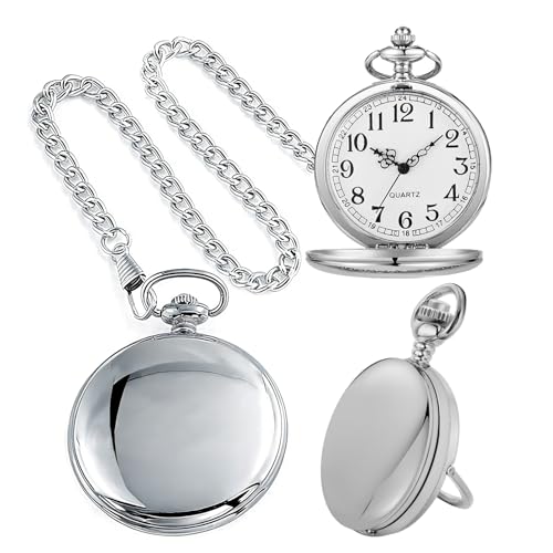 Image of Tiong Bracket Pocket Watch Design Roman Numerals Smooth Case Quartz with Chain Gifts for Birthday Father's Day-Silver