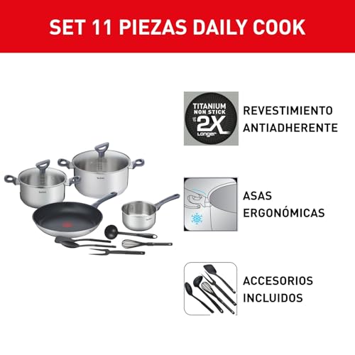 Miniatura 3 de Tefal Daily Cook Batería De Cocina De 4 Piezas 5 Accesorios: Sartén 28 Cm, Cazo 16 Cm, Cacerola 20 24 Cm De Acero Inoxidable, Tapa, 5 Accesorios, Thermospot, Apto Todas Las Cocinas Y Horno
