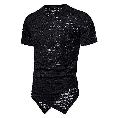 Fanteecy Mens Teen Boy Short Sleeve Summer Tees Hipster Hem Hipster Hip Hop Ripped Round Hemline Hole T Shirt Black