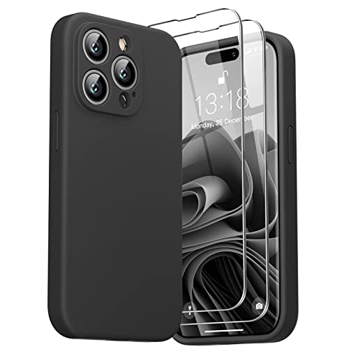 GOODVISH 3 en 1 Funda de Líquida Silicona para iPhone 14 Pro 6,1", con 2 Piezas Templado Protector, 360 Protección de Cuerpo Completo la Pantalla y la Cámara [Anti-Choques] Carcase(Negro) Cover