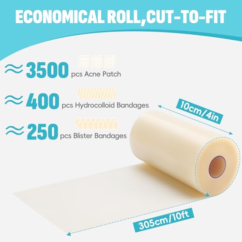 Image of Hydrocolloid Roll(4in x 10ft) for Wound Care - Cut-to-Size, Extra Large Hydrocolloid Patch Tape Bandages with Self-Adhesive - Waterproof Dressing for First Aid, Acne, Burns, Blisters