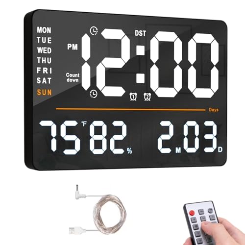 Image of Digital Wall Clock, Large Display, Dual Alarms, Automatic Brightness Dimmer- Track Time, Date, Day of Week and Temperature, with Remote Control (Square Orange)