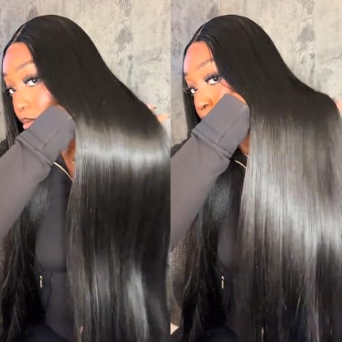 Style Icon 38" Super Long Straight Wigs Lace Front Wigs 6" Deeper Middle Part Wig Black Synthetic Wig (38", 1B)