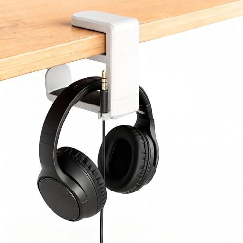 Image of Universal Headphone Hook & Headset Holder, White | 360 Swivel, Under Desk Hook, Cable Management Clip, Universal Fit