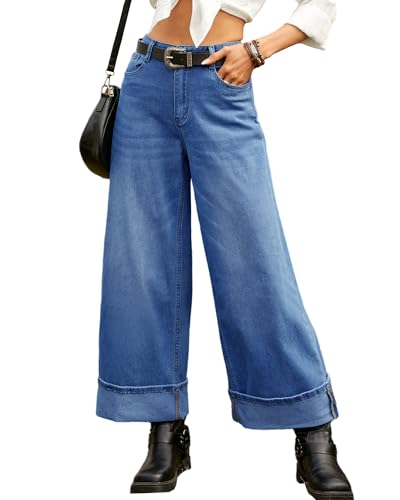 Women's Straight Wide Leg High Waist Jeans for Trendy Stretch Denim Pants with Cuffed Hem-Comfort Fit Casual Outfit