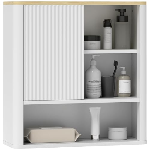 HOMCOM Armario de Baño de Pared Mueble de Baño Colgar con Estantes Ajustables Puerta Corredera Compartimentos y Diseño con Perfil Curvo 60x20x62 cm Blanco