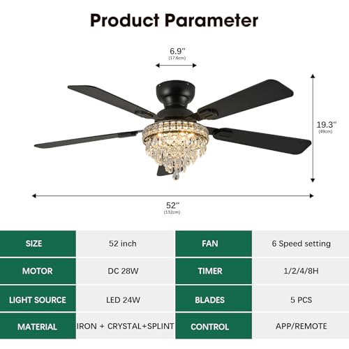 Crystal Ceiling Fan Fandelier with Light-Low Profile Ceiling Fan(52" Black) by Fanyank - Used condition - Image 9