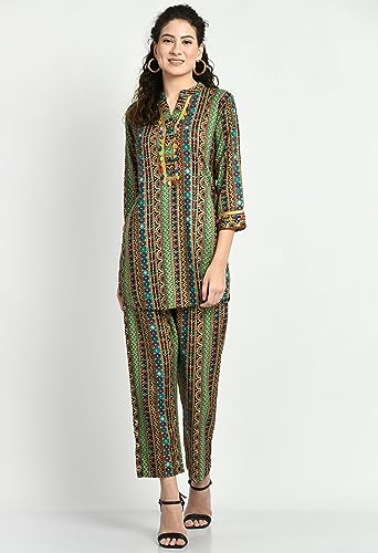 Image of Maurya Women's Rayon Angrakhha Maroon Printed Knee Length Kurta and Pant with 2 Side Pocket Ethnic Co-ord Set (Cord GP 20)