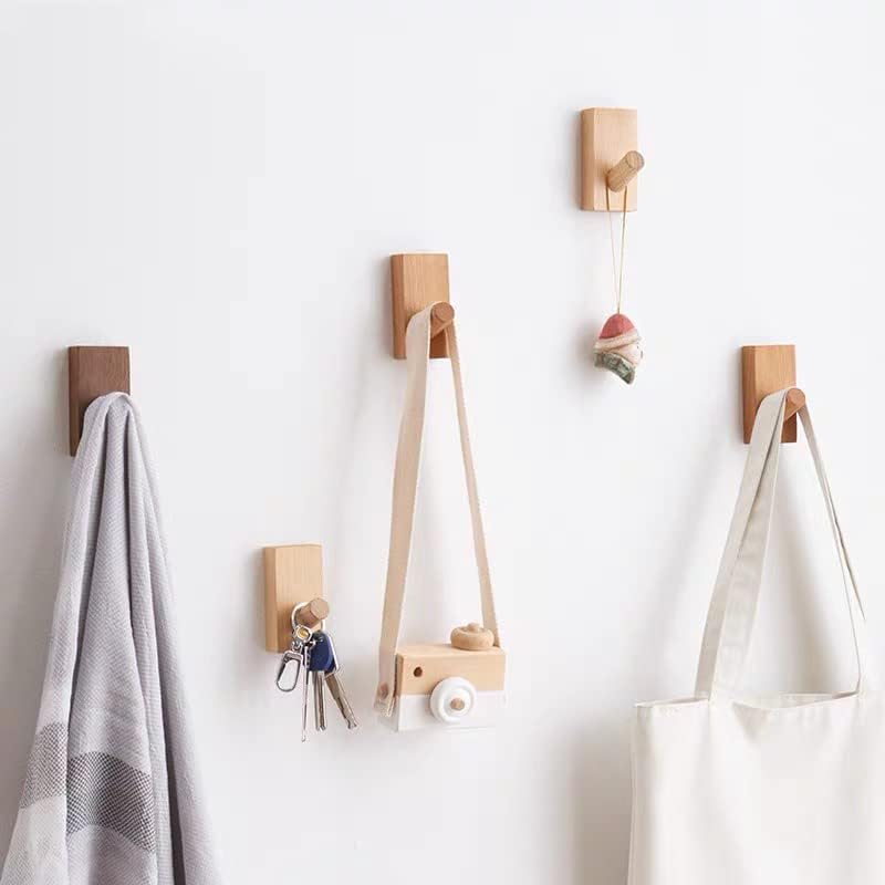 HomeDo 4Pack Wood Wall Hooks, Adhesive Hooks Hat Hook, Wooden Coat Hooks Wall Mounted, Entryway Hat Rack, Decorative Hooks Single Organizer Hat Hanger Towel Rack Hook (Rectangle Beech, 4Pack)