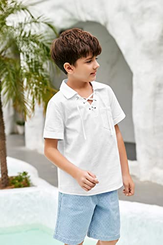 Bbalizko Boys Cotton Linen Short Sleeve Shirt Lace Up Hippie Casual Summer Beach Tee Top With Pocket White #TOP3