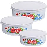 COLLBATH 3 piezas Cuencos Esmaltados con Tapa para Conservación Boles Multifuncionales Vintage para Almacenar Alimentos Cocina y Oficina Recipientes Resistentes y Prácticos para Ensalada y
