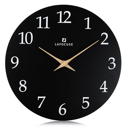 Image of Lafocuse 12 Inch Wooden Black Wall Clock Battery Operated Silent Non-Ticking, Modern Simple Wall Clock for Living Room Decor Kitchen Bedroom Office