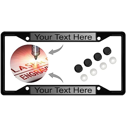 Image of Personalized with Custom Text Design - 4 Hole Black Metal Laser Engraved US Standard Size - Car License Plate Frame with Free caps - Steel /Black Text (Qty: 1 Frame)