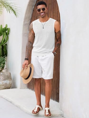 Runcati Mens Knit Sleeveless Tank Tops Casual Hollow Out T Shirts Beach Summer See Through Tops4