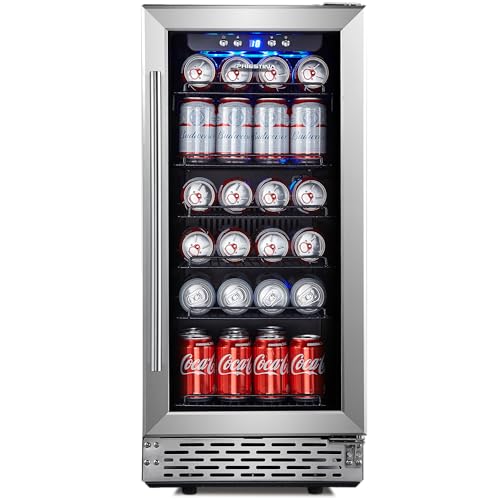 Beverage Refrigerator, Phiestina15 inch 96 Cans Built-in or Freestanding Beverage Cooler Mini Fridge with Auto Defrost,Glass Door & 6 Removable Shelves for Home Bar Office