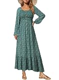 Dokotoo Womens Summer Dresses Resort Wear for Women 2026 Casual Elegant Boho Floral Square Neck Smocked Long Sleeve Button Up Beach Party Flowy Swing Long Maxi Cute Sun Dress Sundress Green Medium