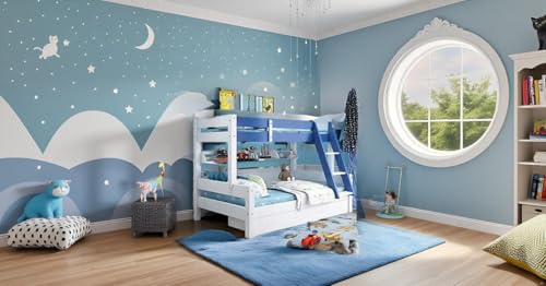 Image of KIDOMATE Mandarin Solid Wood Bunk Bed for Kids with Underbed Storage & Toy Rack | Space-Saving Twin Bed with Guard Rails, Ladder, Safety Design for Boys & Girls Bedroom (Blue, Single Over Double)