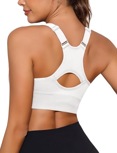 Aseniza Sportbustier Damen Fitness Push Up Sports Bra Verstellbarer Sport BH mit Breiten Trägern Mittlerem Halt Ohne Bügel Gekreuzt Rücken Gepolstert Fitness Lauf Joggen Yoga Weiß L