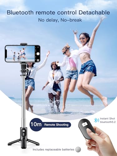 Image of KINGONE Mini Selfie Stick Tripod, Extendable Phone Stand with Bluetooth Remote 71cm, Portable Tripod Selfie Stick for iPhone /Samsung /GoPro, Mobile Selfie Stick with Tripod Stand, Black