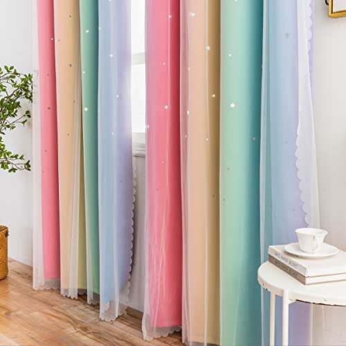Reepow Rainbow Kids Blackout Curtains For Boys Girls Bedroom Playroom, Tulle Overlay Star Cut Out Curtains With Stainless Steel Gromment Top - 52" X 63" X 2 Panels #TOP6