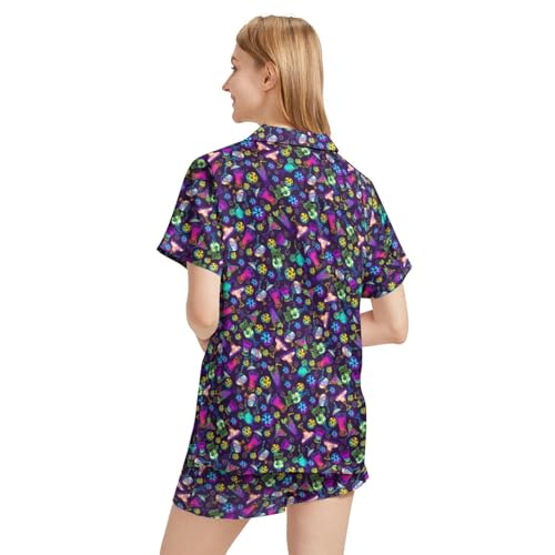 Image of Funny Satin Pajamas Set for Women Button Down Sleepwear Print Pjs Set 2 Piece Short Sleeve Loungewear Gift for Women