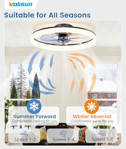 Image of VOLISUN Low Profile Ceiling Fans with Lights and Remote, 24in Fandelier Ceiling Fan Flush Mount, 3000K-6500K Smart Bladeless LED Fan Light, Black Modern Ceiling Fans with Lights for Bedroom